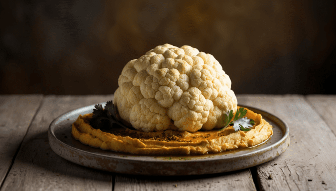 Whole Roast Cauliflower with Warm Harissa Hummus: A Healthy Alternative