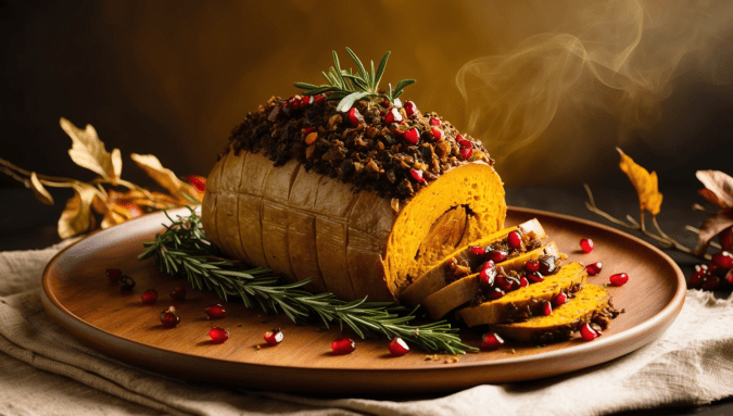 Vegan Stuffed Seitan Roast with Sage, Onion, and Cranberry Stuffing