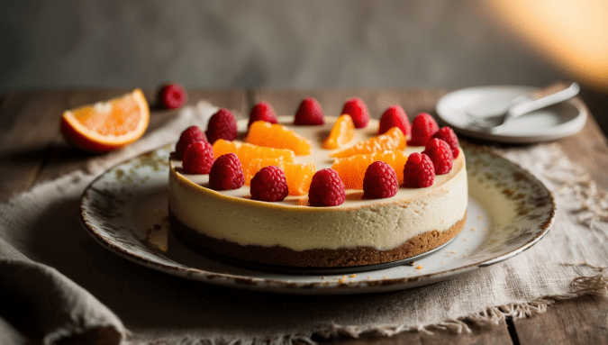 Baked Vegan Cheesecake with Raspberries & Clementine