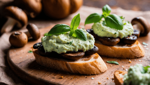 Mushroom Crostini with Garlic Basil Vegan Ricotta "Cheese" Spread