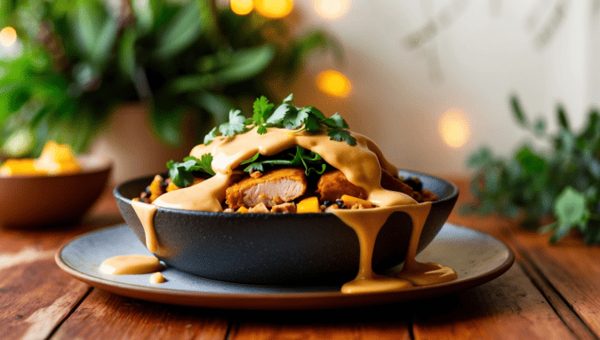 Vegan Burrito Bowl with Queso and Vegan Soy Chicken