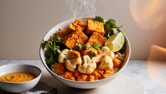 Buffalo Cauliflower Buddha Bowl with Seitan Tofu Recipe